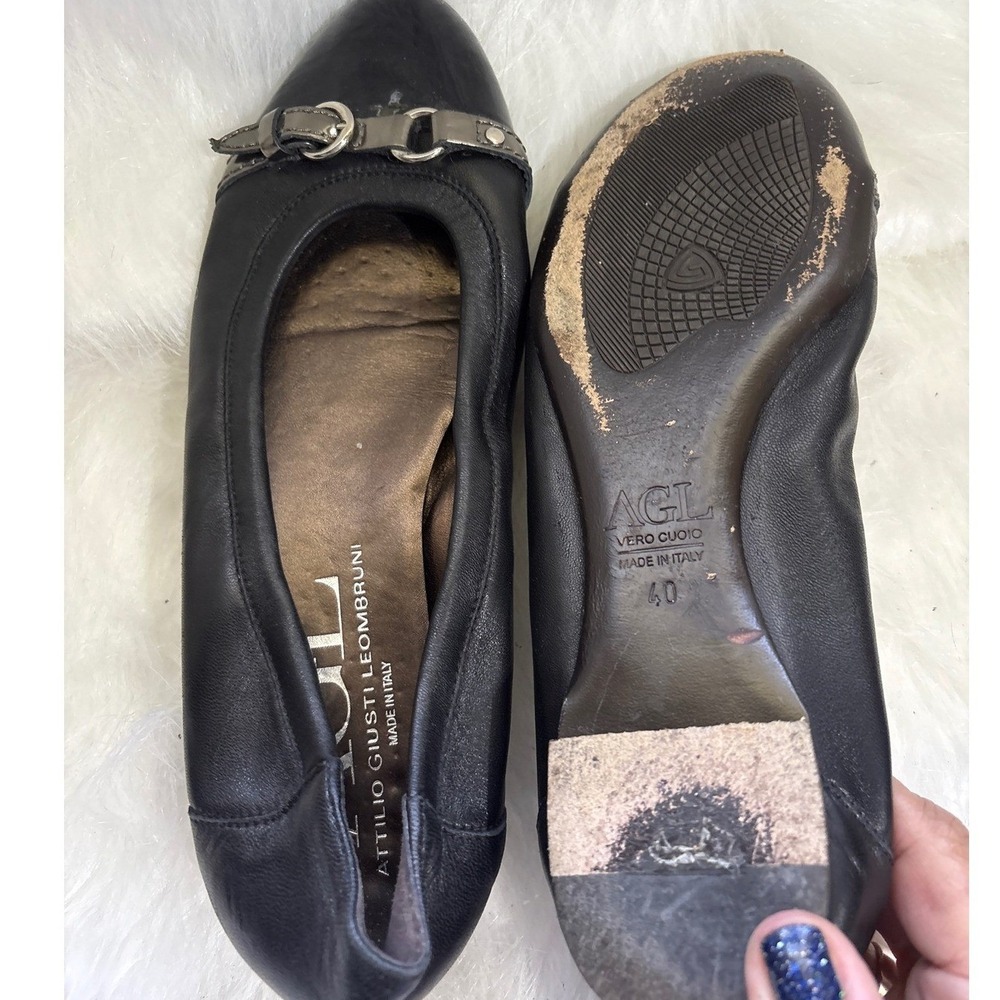 AGL Attilio Giusti Leombruni Black Leather Patent Ballet Flats Buckle Detail 8.5 - Picture 8 of 9